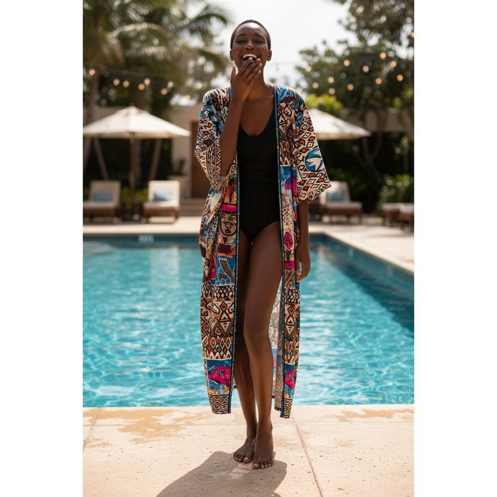 African Chufy Multi‎ Color Graphic Giraffe Print Long Kimono  OS Boho Beach